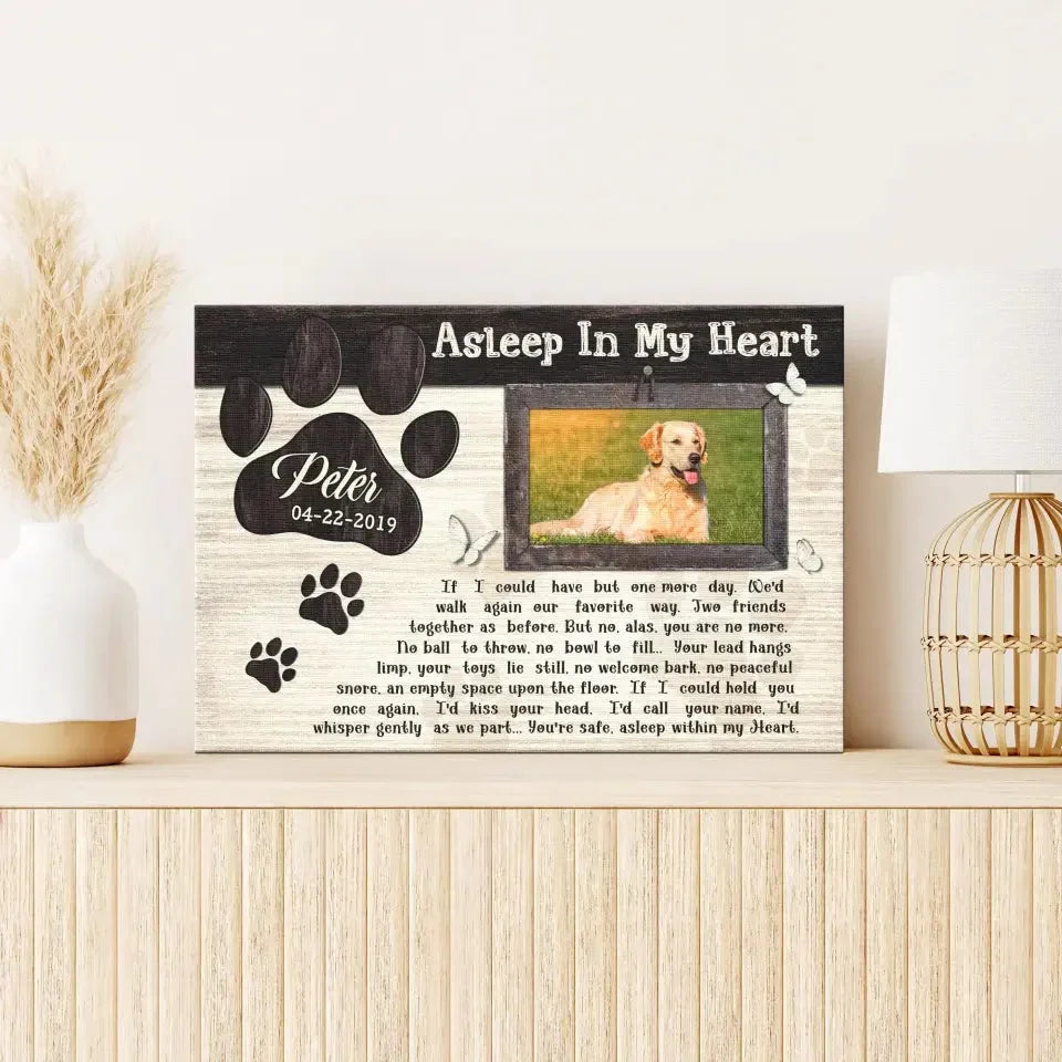 Dog Memorial Canvas – “Asleep In My Heart” Poem, Custom Photo & Name Gift - PersonalizedFury