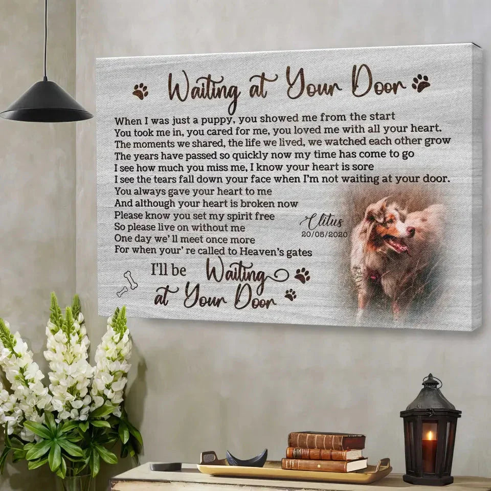 “Waiting at Your Door” – White Rustic Pet Memorial Canvas - PersonalizedFury