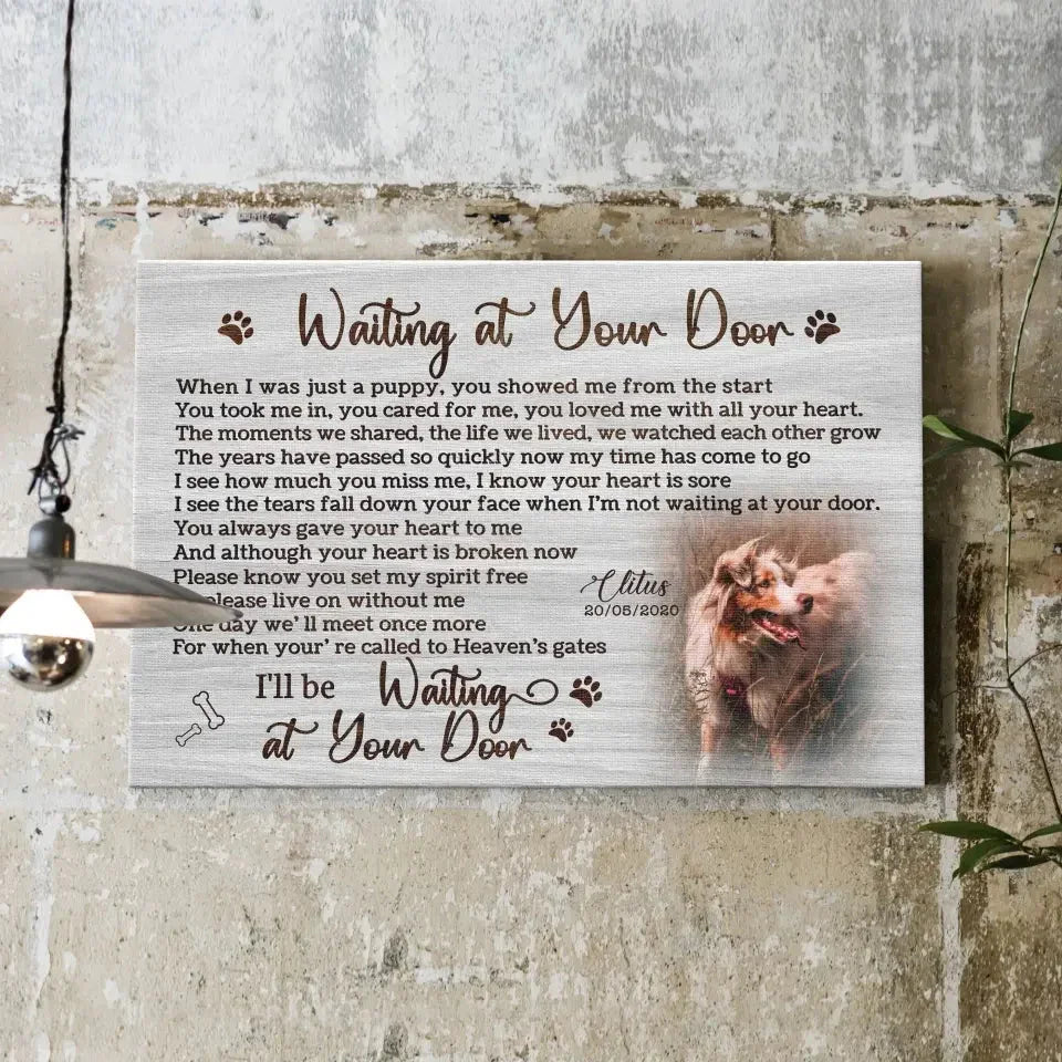 “Waiting at Your Door” – White Rustic Pet Memorial Canvas - PersonalizedFury