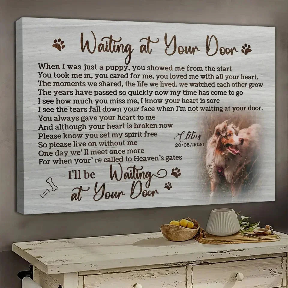“Waiting at Your Door” – White Rustic Pet Memorial Canvas - PersonalizedFury