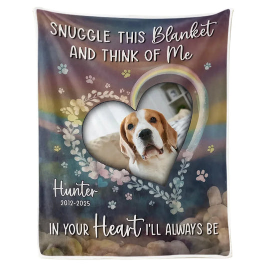 Personalized blanket with a dog's photo and text on a light beige background