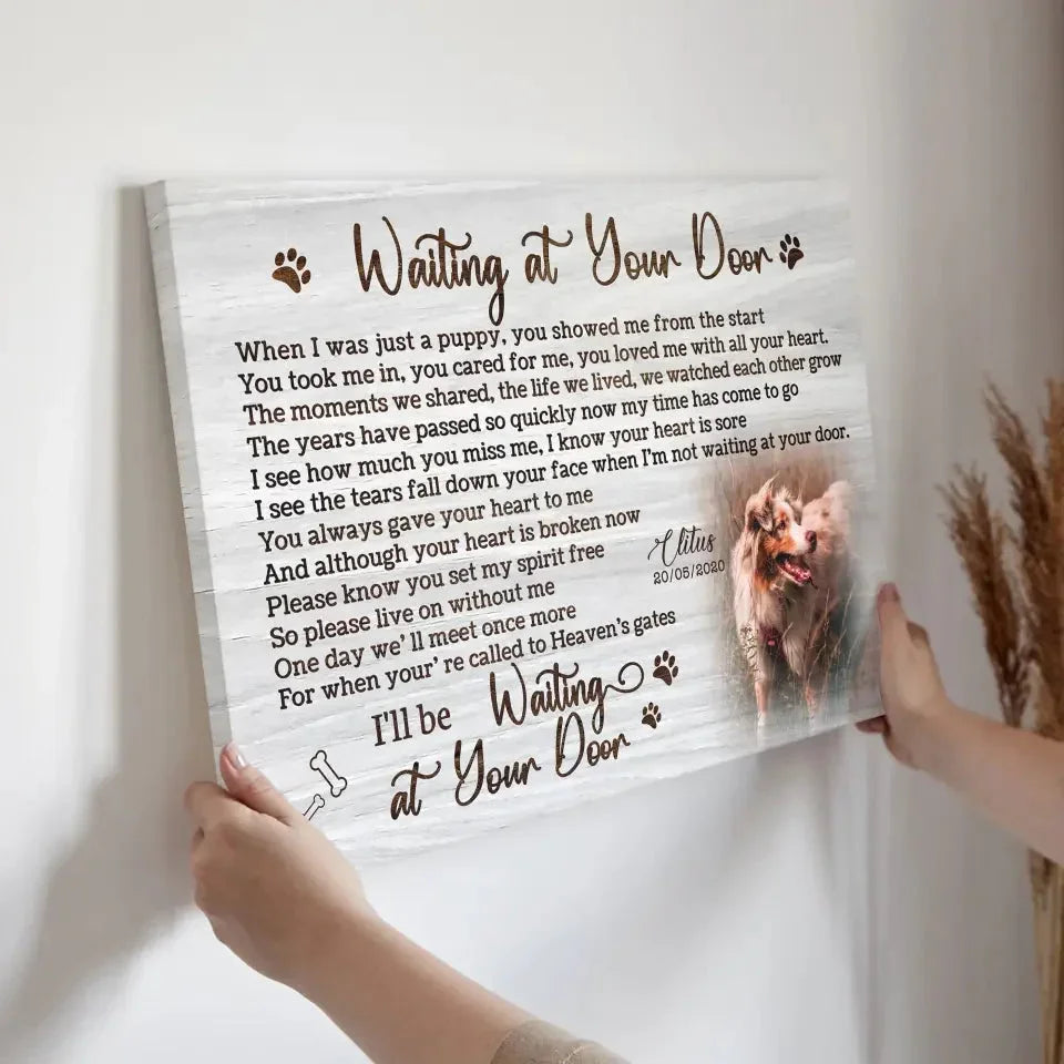 “Waiting at Your Door” – White Rustic Pet Memorial Canvas - PersonalizedFury