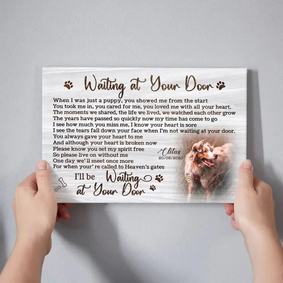 “Waiting at Your Door” – White Rustic Pet Memorial Canvas - PersonalizedFury