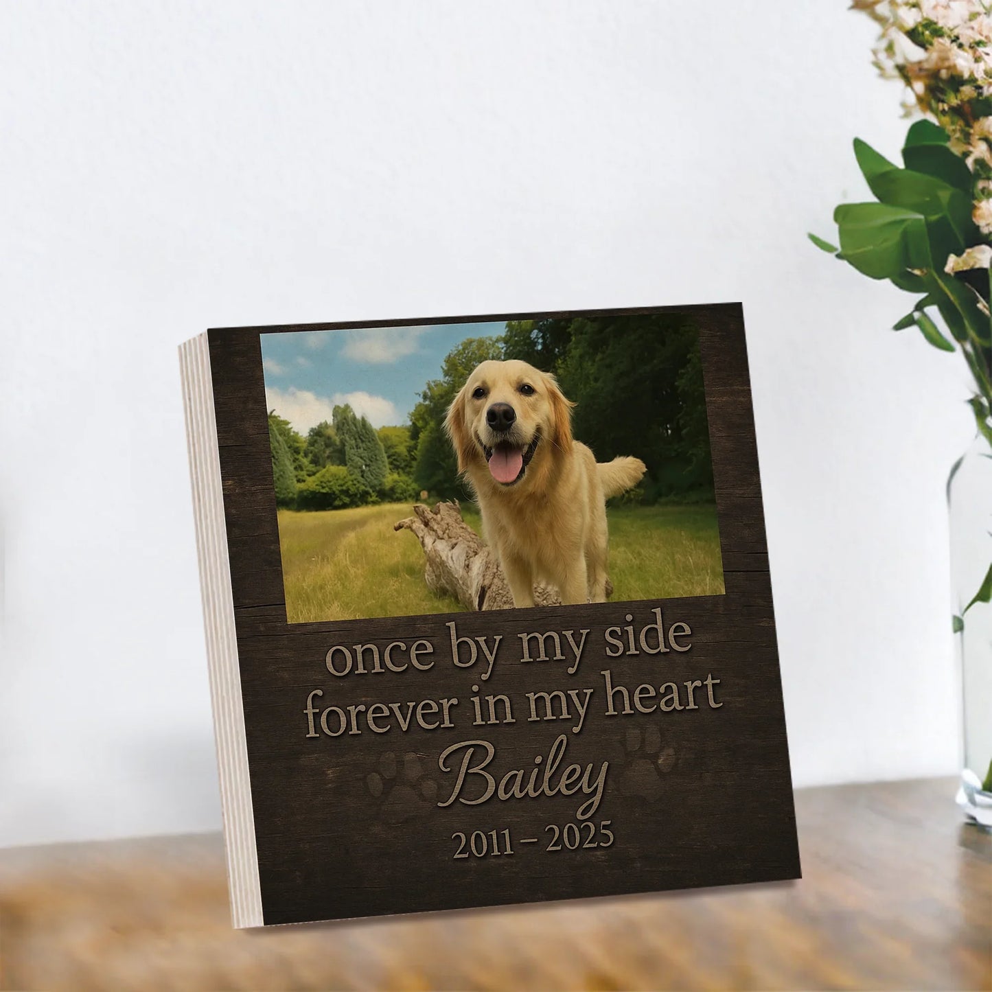 Dog Memorial Frame – Personalized Wooden Block with Pet Photo & Years
