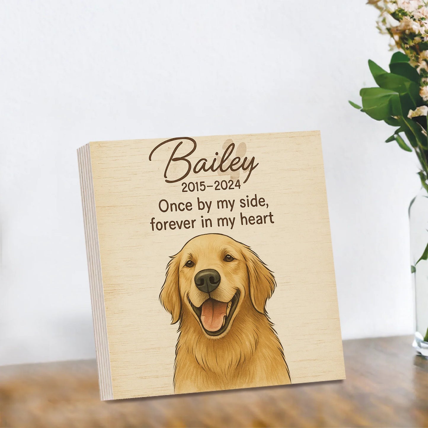 Pet Memorial Gift – Custom Portrait Wooden Photo Block with Name & Quote