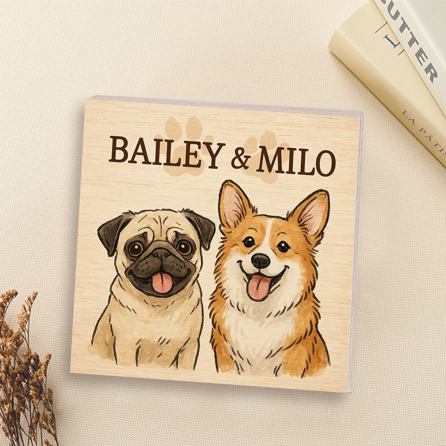 Custom Dog Portrait – Cartoon Wooden Photo Block for Pet Lovers