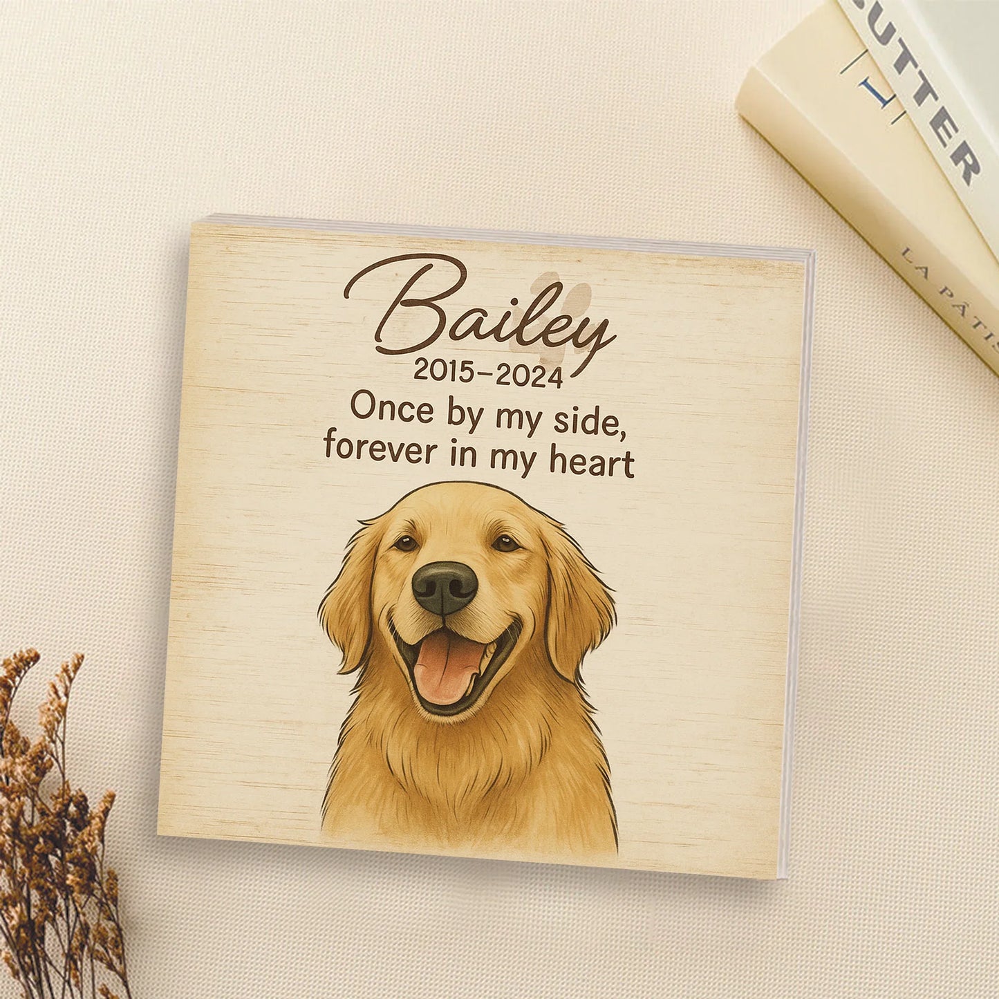 Pet Memorial Gift – Custom Portrait Wooden Photo Block with Name & Quote