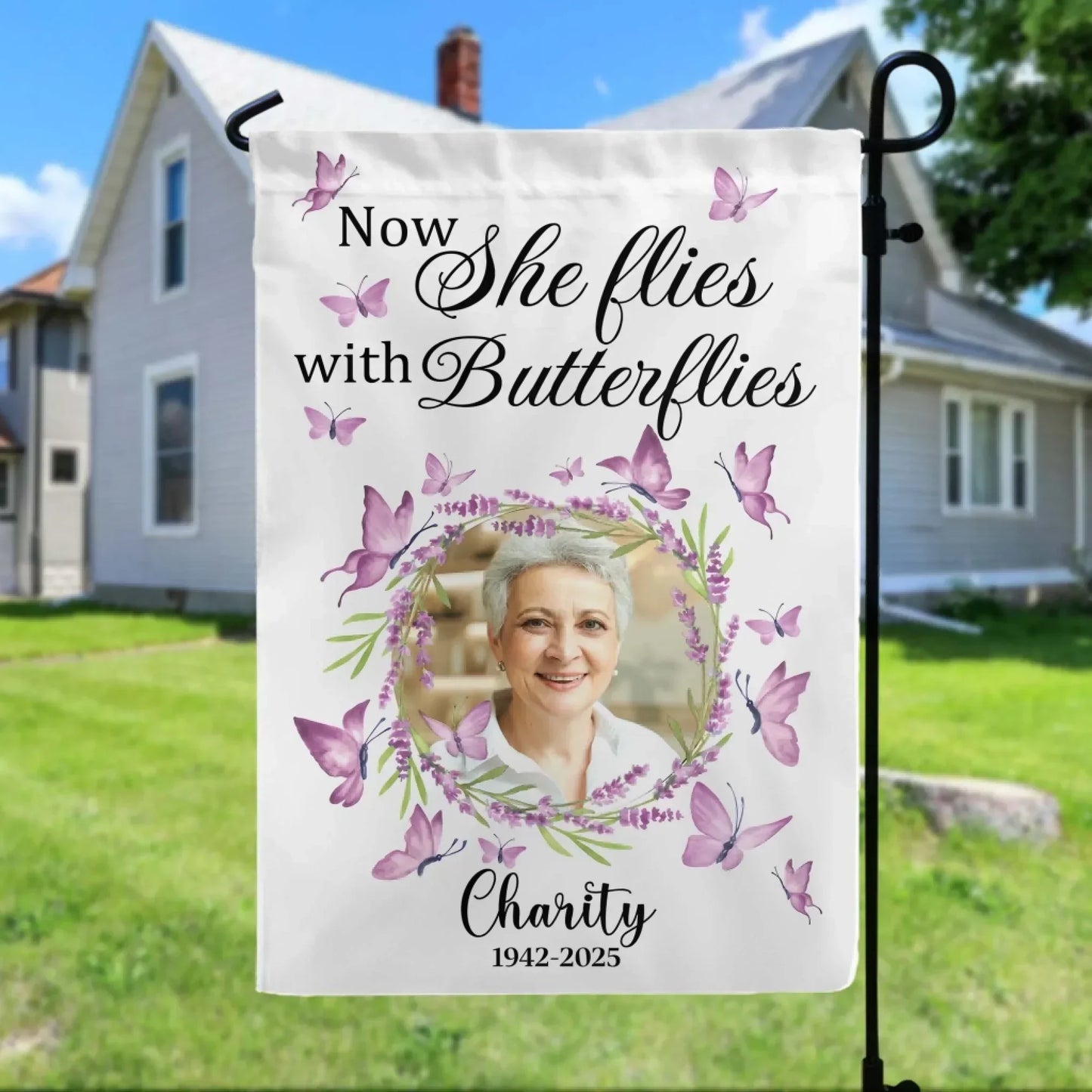 Now She Flies With Butterflies - Personalized Garden Flag, Memorial Gifts, Sympathy Gifts