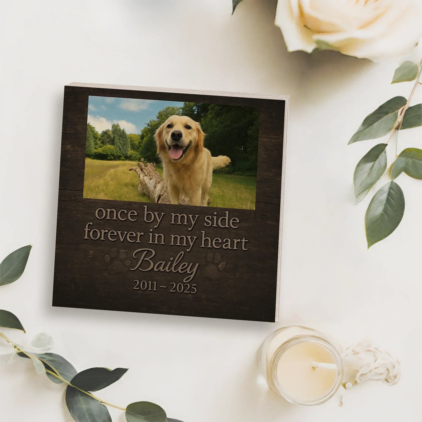 Dog Memorial Frame – Personalized Wooden Block with Pet Photo & Years