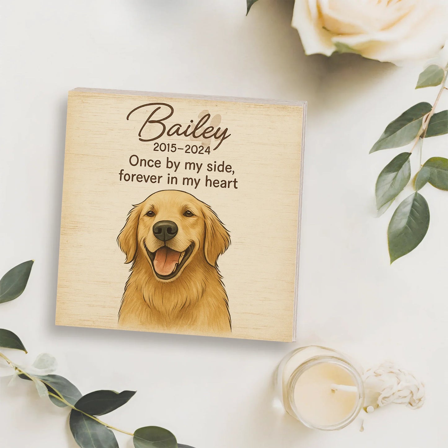 Pet Memorial Gift – Custom Portrait Wooden Photo Block with Name & Quote