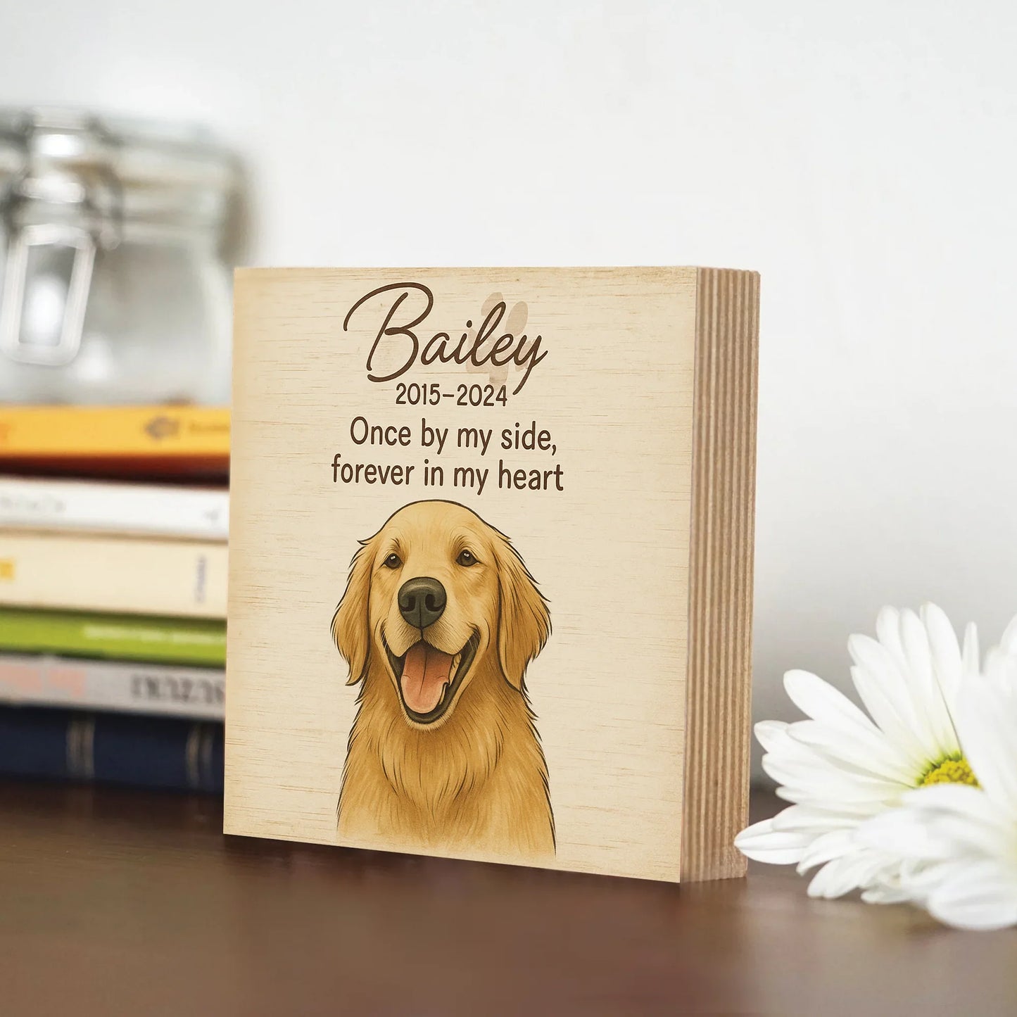 Pet Memorial Gift – Custom Portrait Wooden Photo Block with Name & Quote