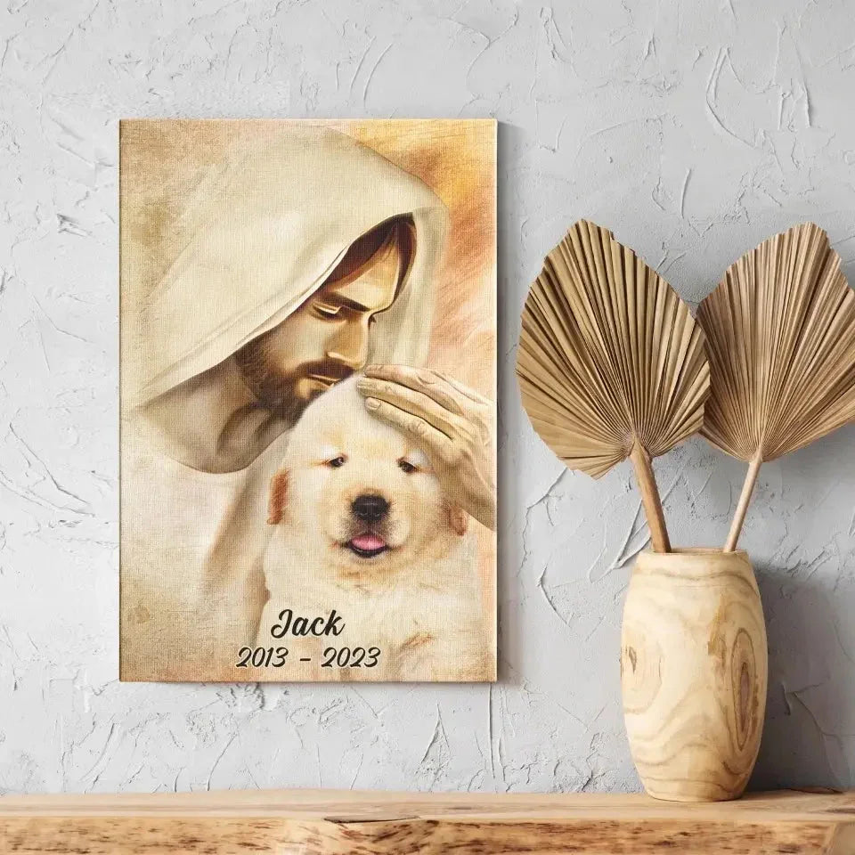 Jesus Pet Memorial Canvas – Dog in Heaven with Name & Date