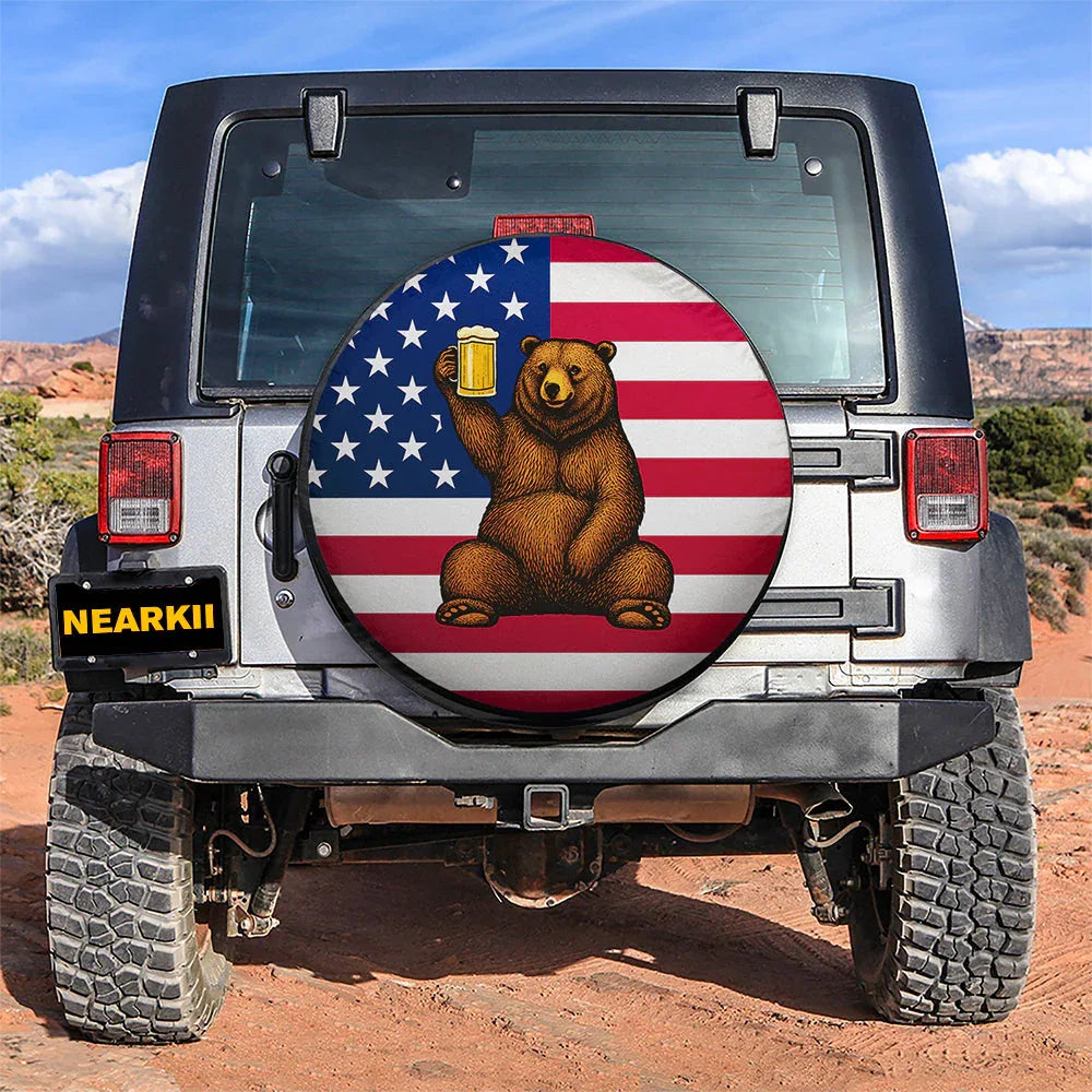 Beer Bear with American Flag Jeep Car Leather Spare Tire Cover - PersonalizedFury