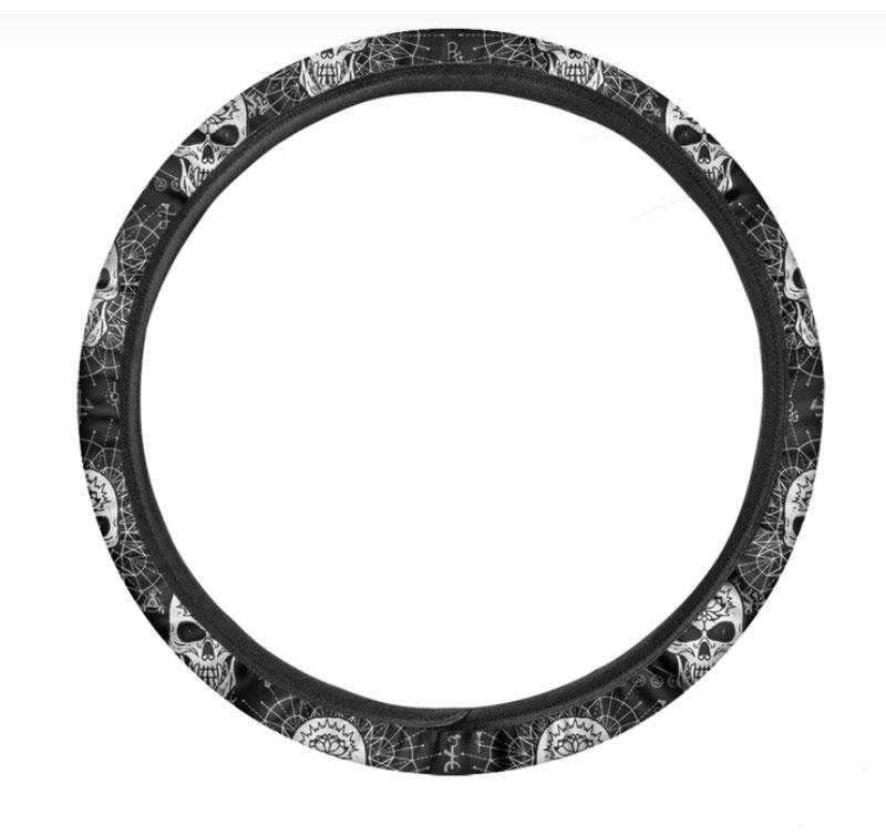 Black And White Wicca Evil Skull Print Car Steering Wheel Cover