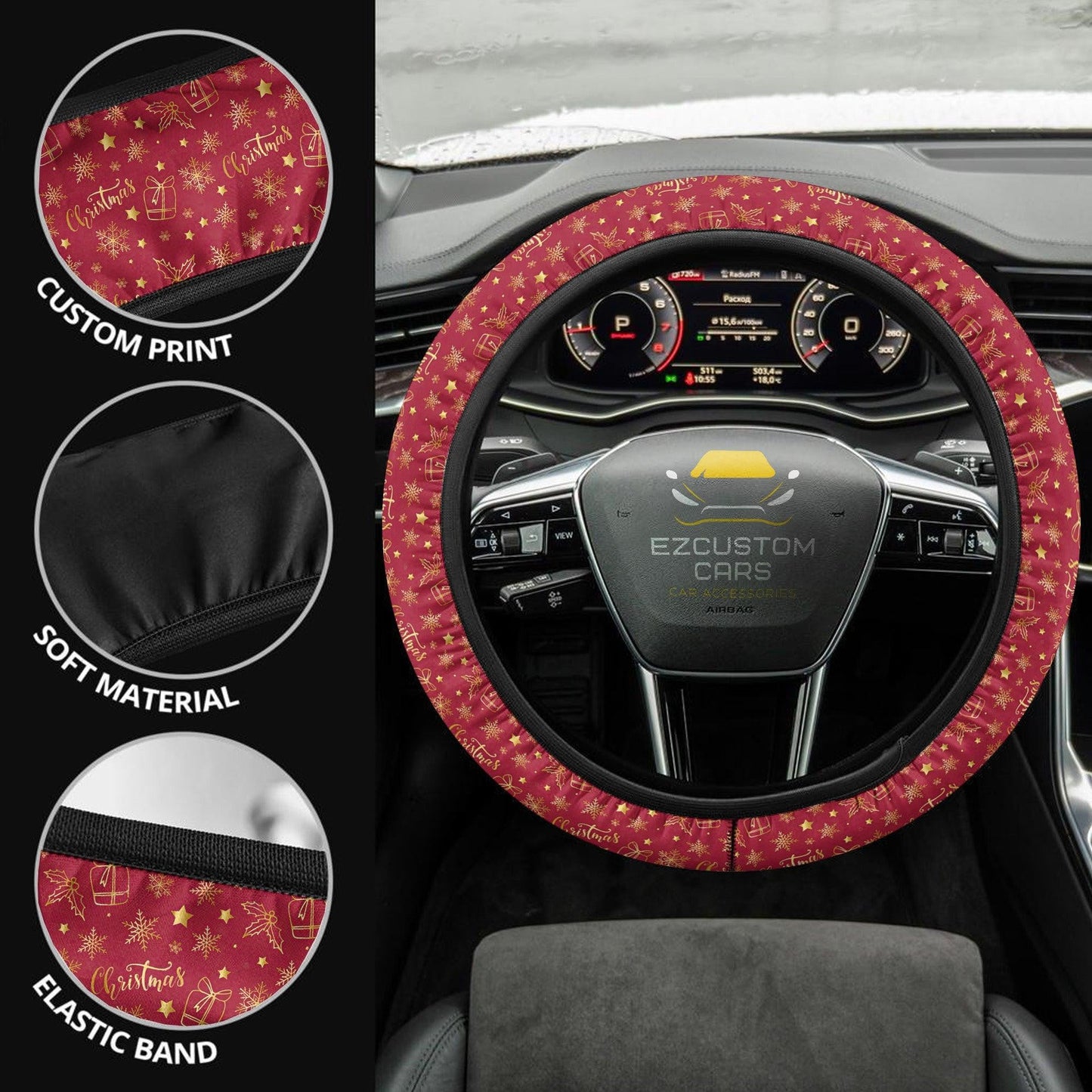 Christmas Car Accessories Steering Wheel Cover Christmas Pattern Red