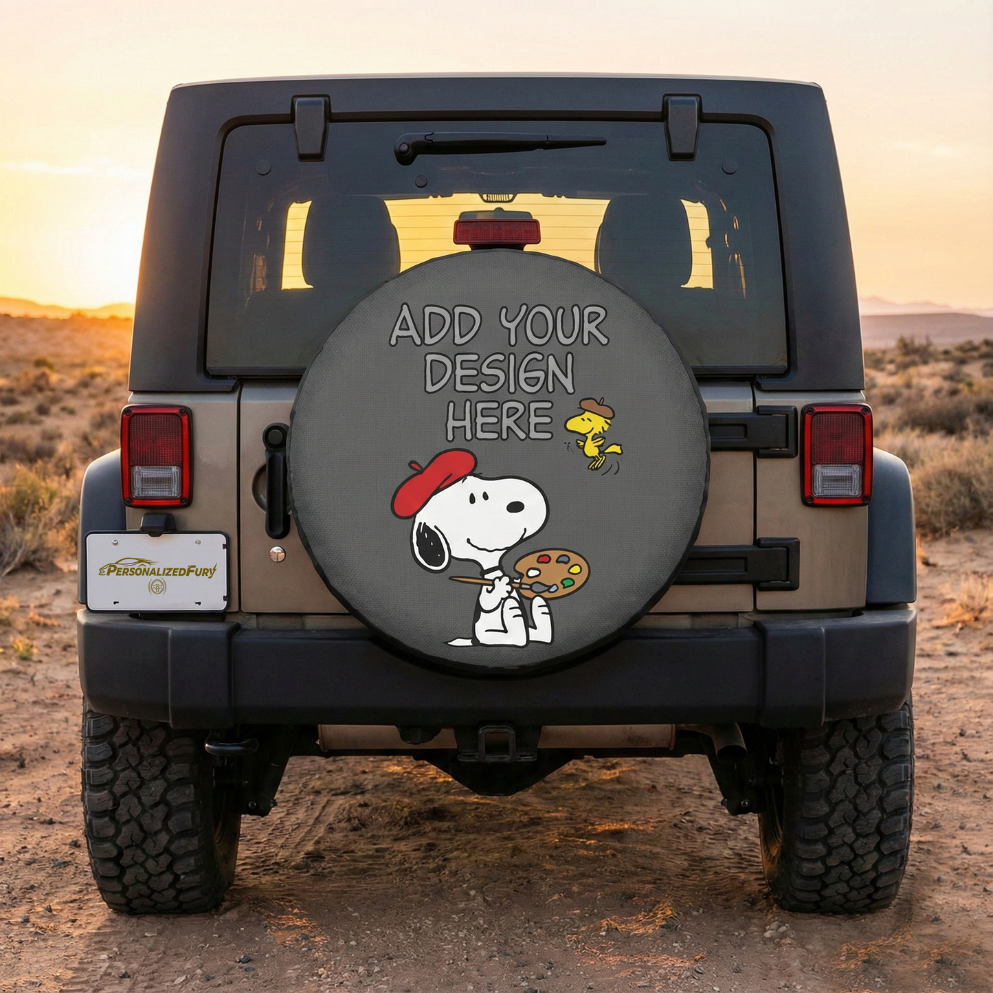 Custom Jeep Spare Tire Covers featuring a cartoon design with Snoopy and Woodstock on a tire cover.