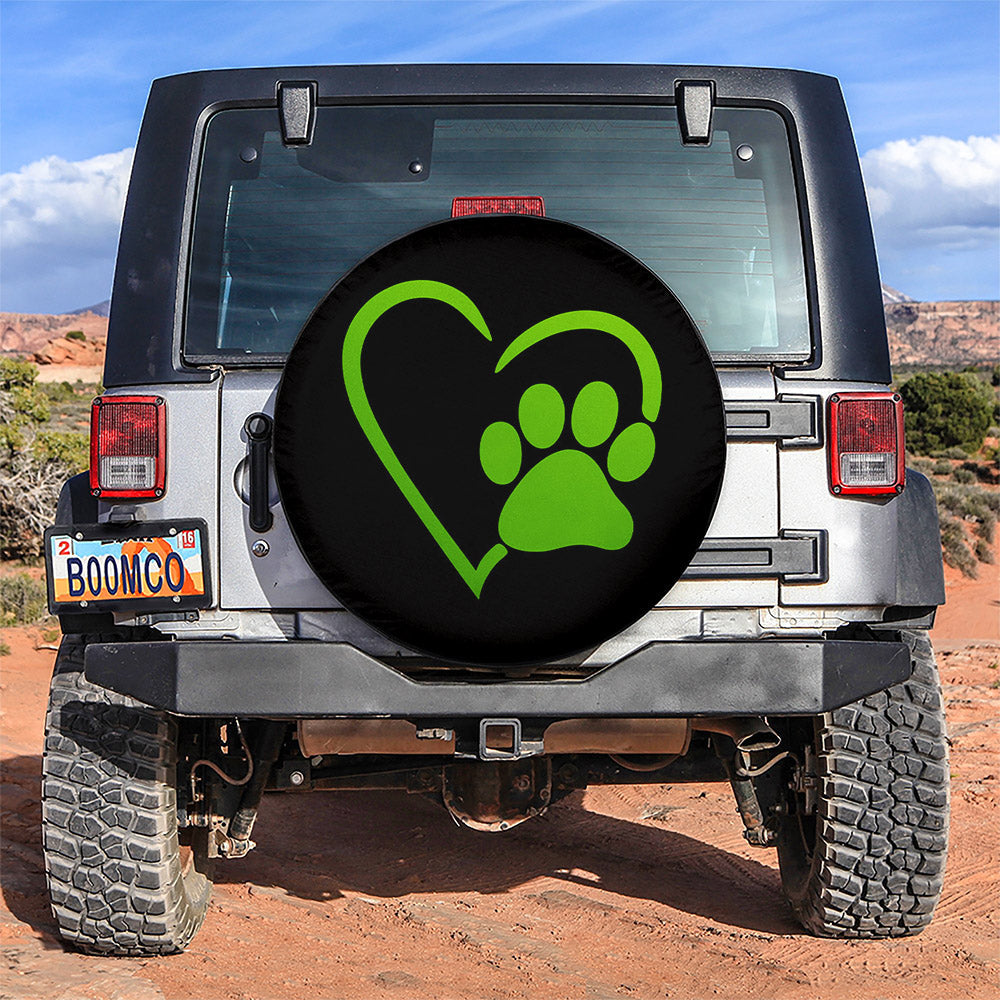 Dog Paw Heart Green Car Spare Tire Cover