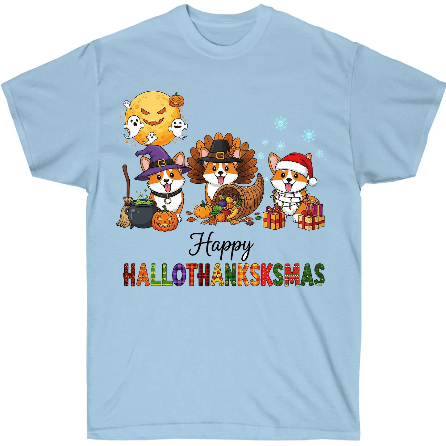 Happy Hallothanksksmas Corgi T-Shirt – Funny Holiday Dog Lover Tee