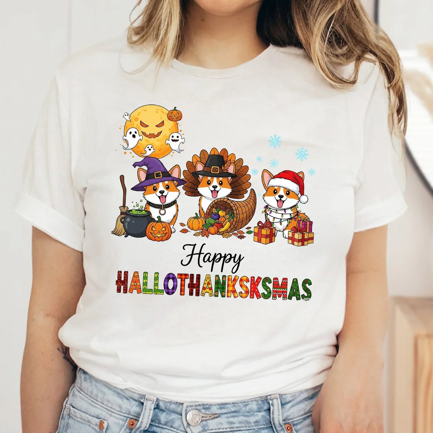Happy Hallothanksksmas Corgi T-Shirt – Funny Holiday Dog Lover Tee