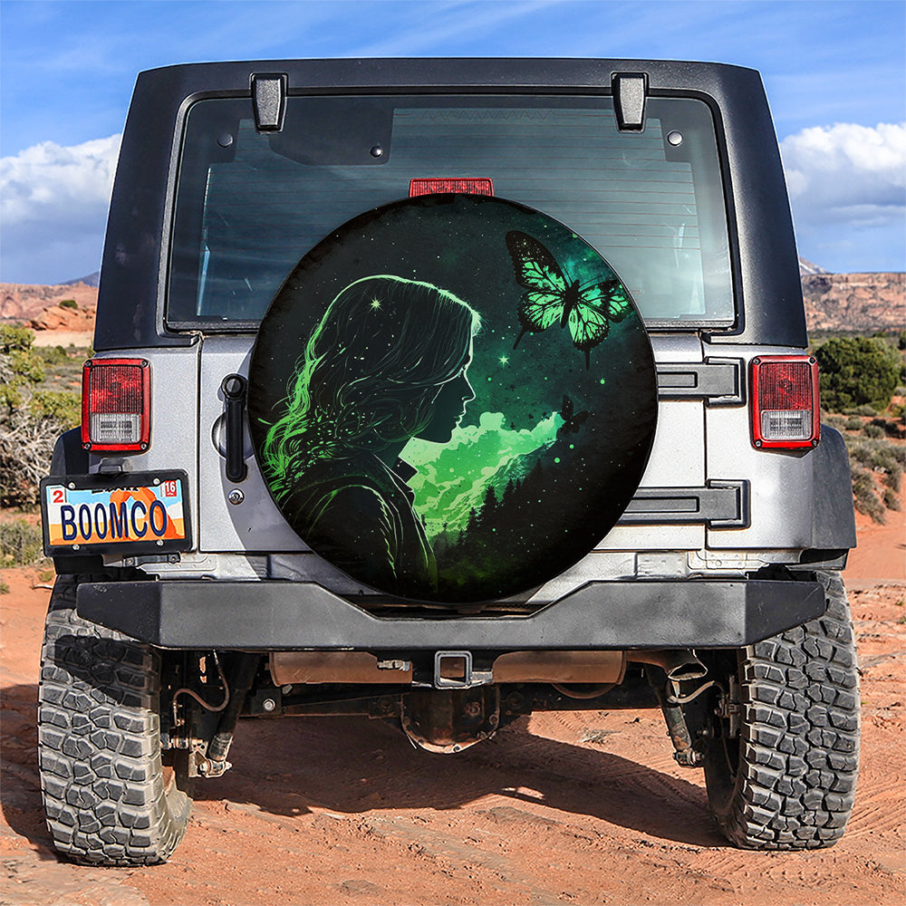 Green Butterfly With Girl In Night Sky Car Spare Tire Cover