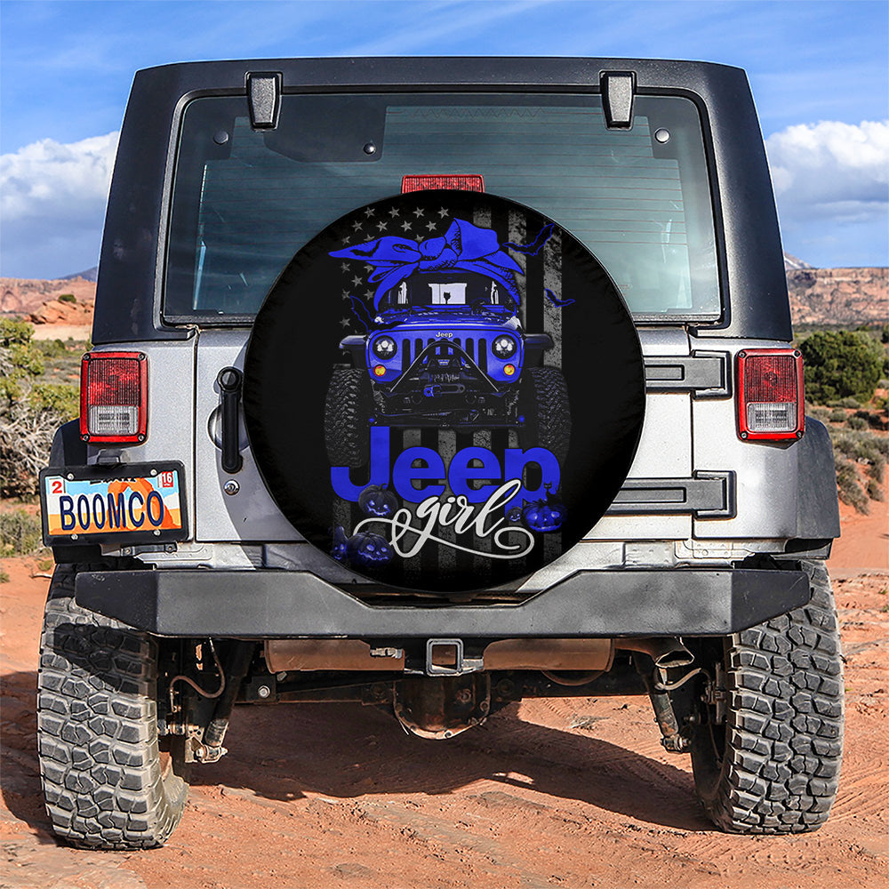 Halloween American Flag Dark Blue Jeep Girl Car Spare Tire Cover