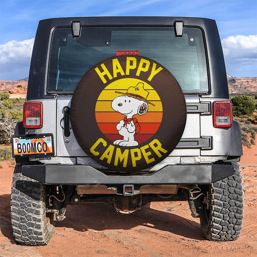 Happy Camper Snoopy Jeep Car Leather Spare Tire Cover - PersonalizedFury