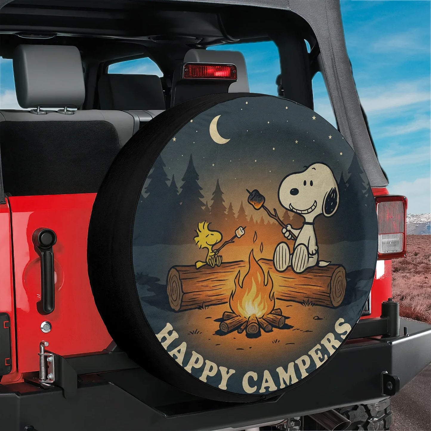 Happy Campers Snoopy Leather Jeep Spare Tire Cover - PersonalizedFury