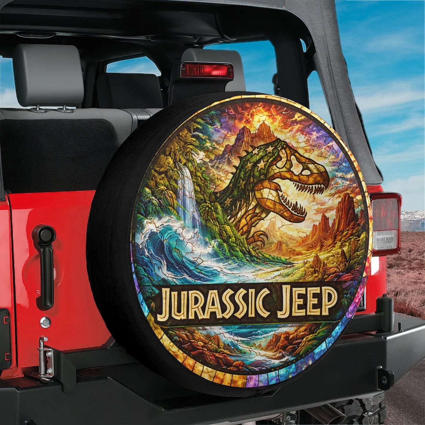 Jurassic Jeep Leather Spare Tire Cover - Rugged Dino Adventure Design - Car Accessories - PersonalizedFury