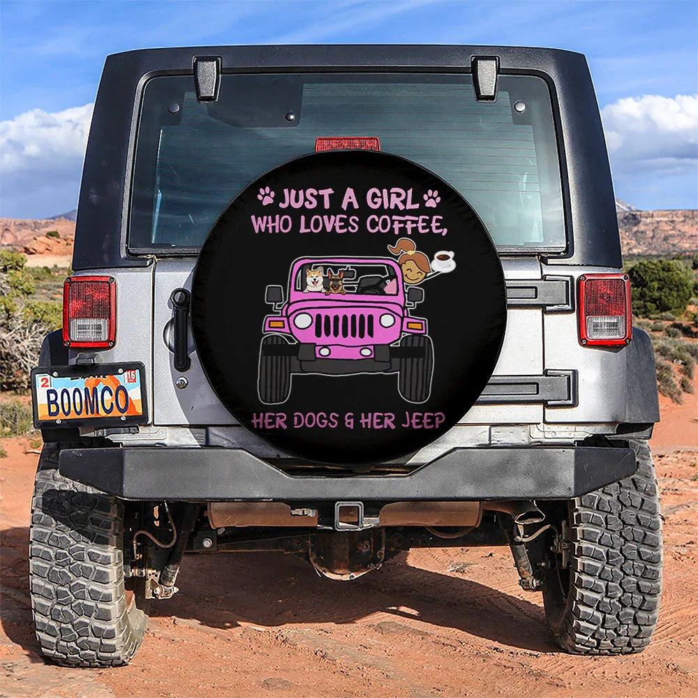Just A Girl Who Love Coffee And Her Dogs Jeep Pink Car Leather Spare Tire Cover - PersonalizedFury