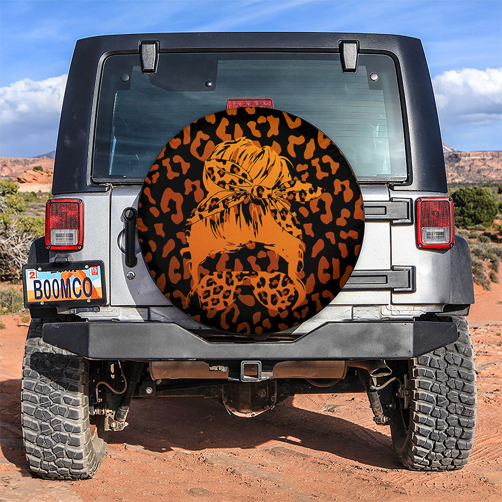 Orange Jeep Girl With Sunglasses Leopard Pattern Car Spare Tire Cover