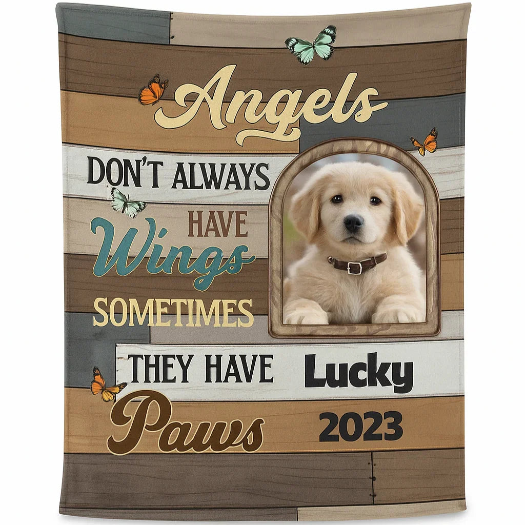 Personalized blanket with a puppy photo and text about angels having paws.