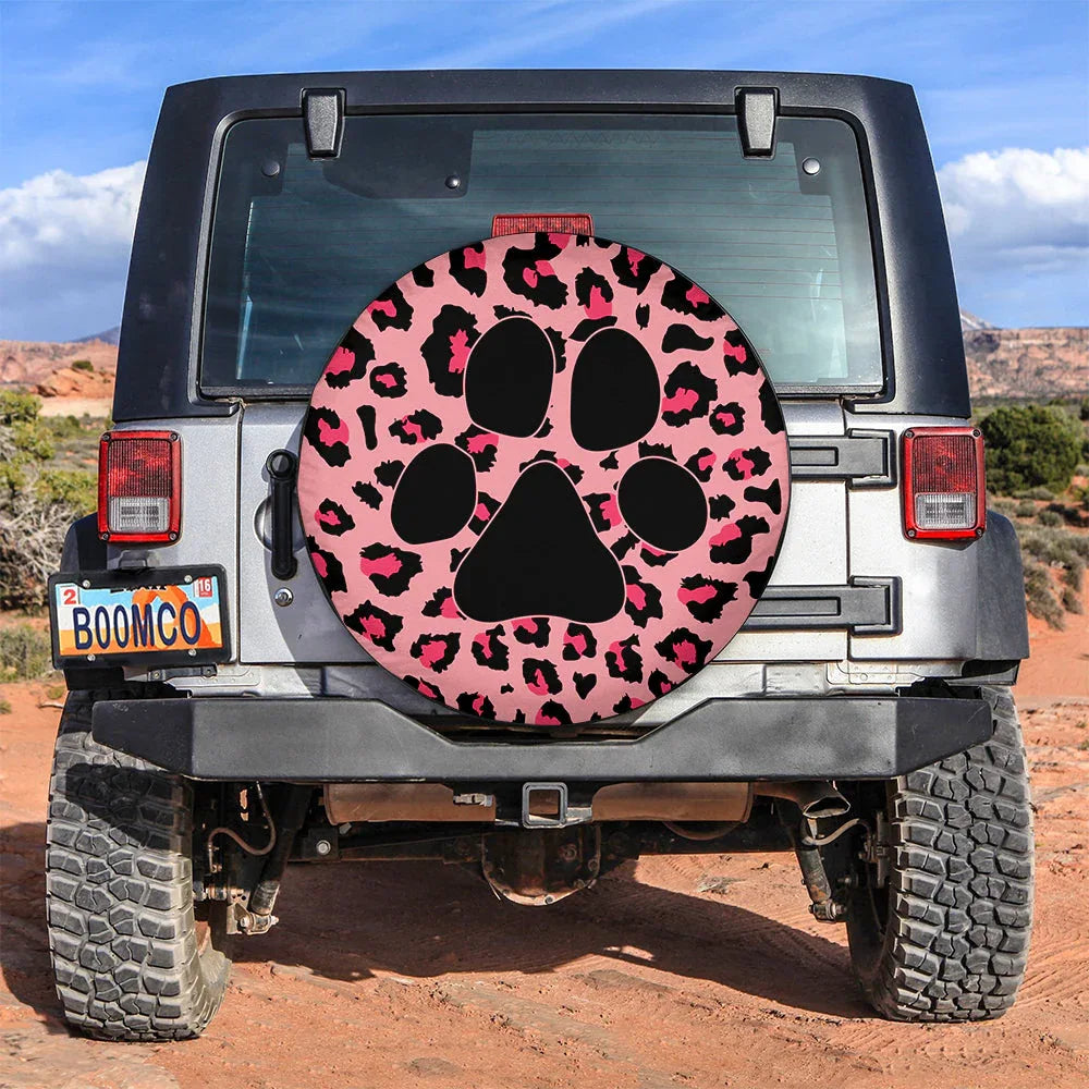 Pink Cute Dog Paw Cheetah Leopard Jaguar Pattern Jeep Car Leather Spare Tire Cover - PersonalizedFury