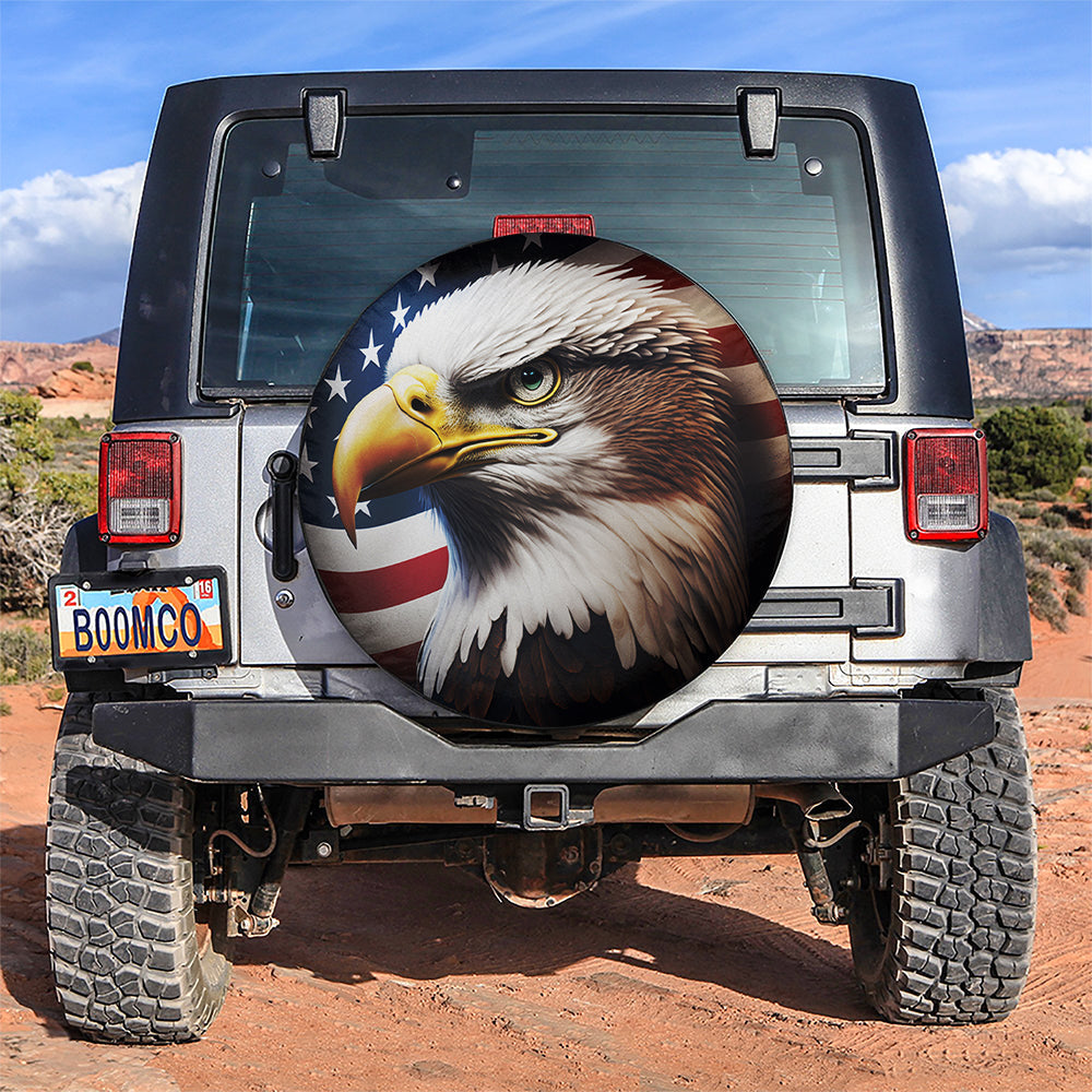 Realistic Bald Eagle Us Flag Background Car Spare Tire Cover