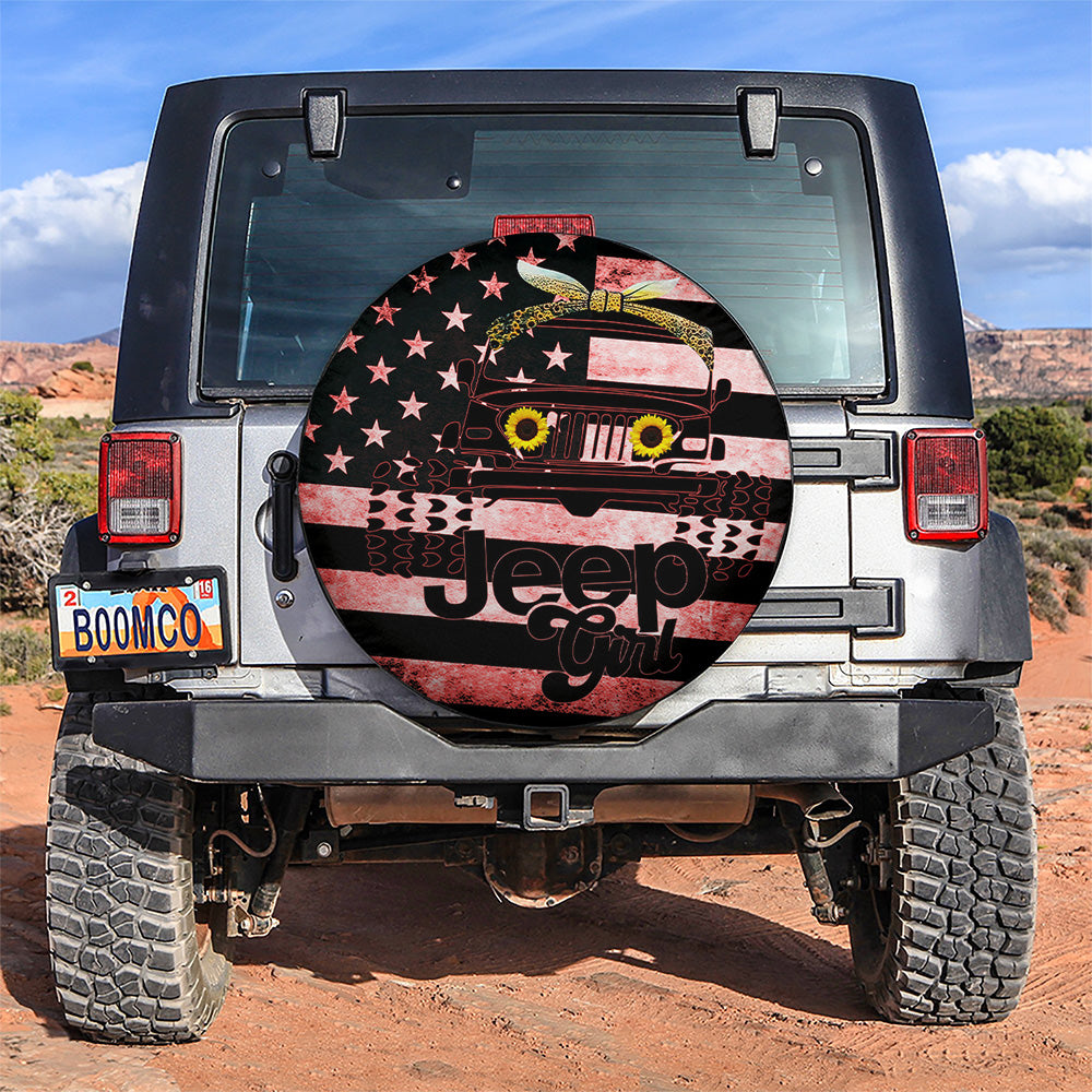 Sunflower Jeep Girl American Flag Car Spare Tire Cover