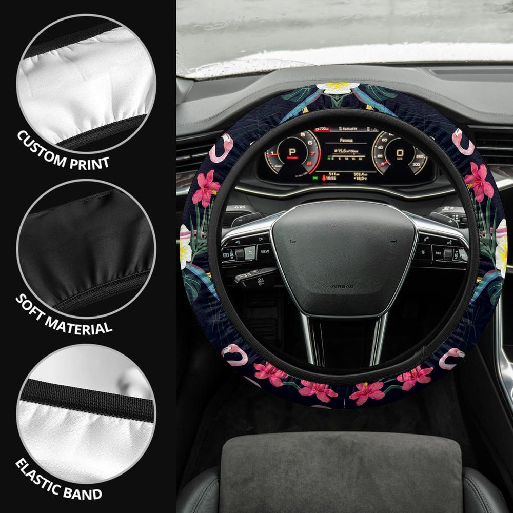 Tropical Flowers Flamingo Steering Wheel Covers Custom Car Accessories