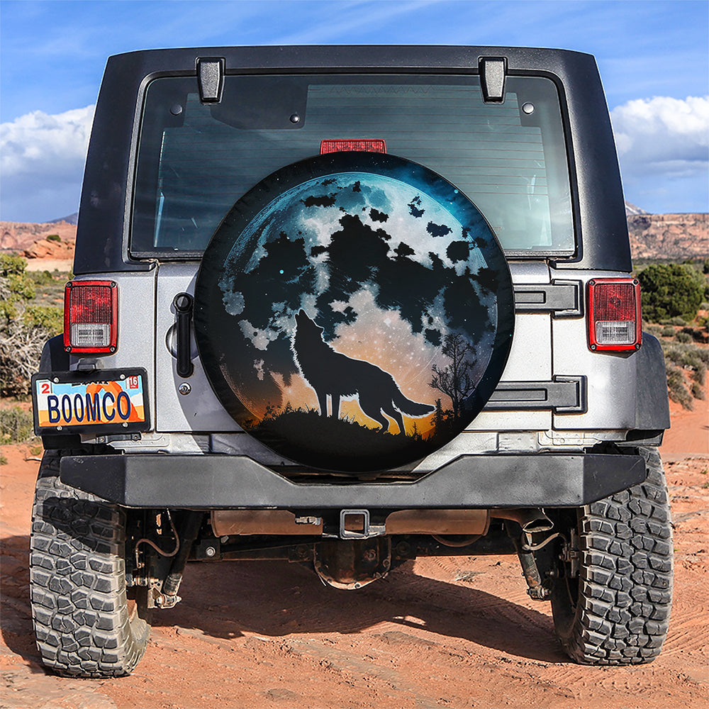 Wolf Shadow Night Sky Big Moon With Star Car Spare Tire Cover