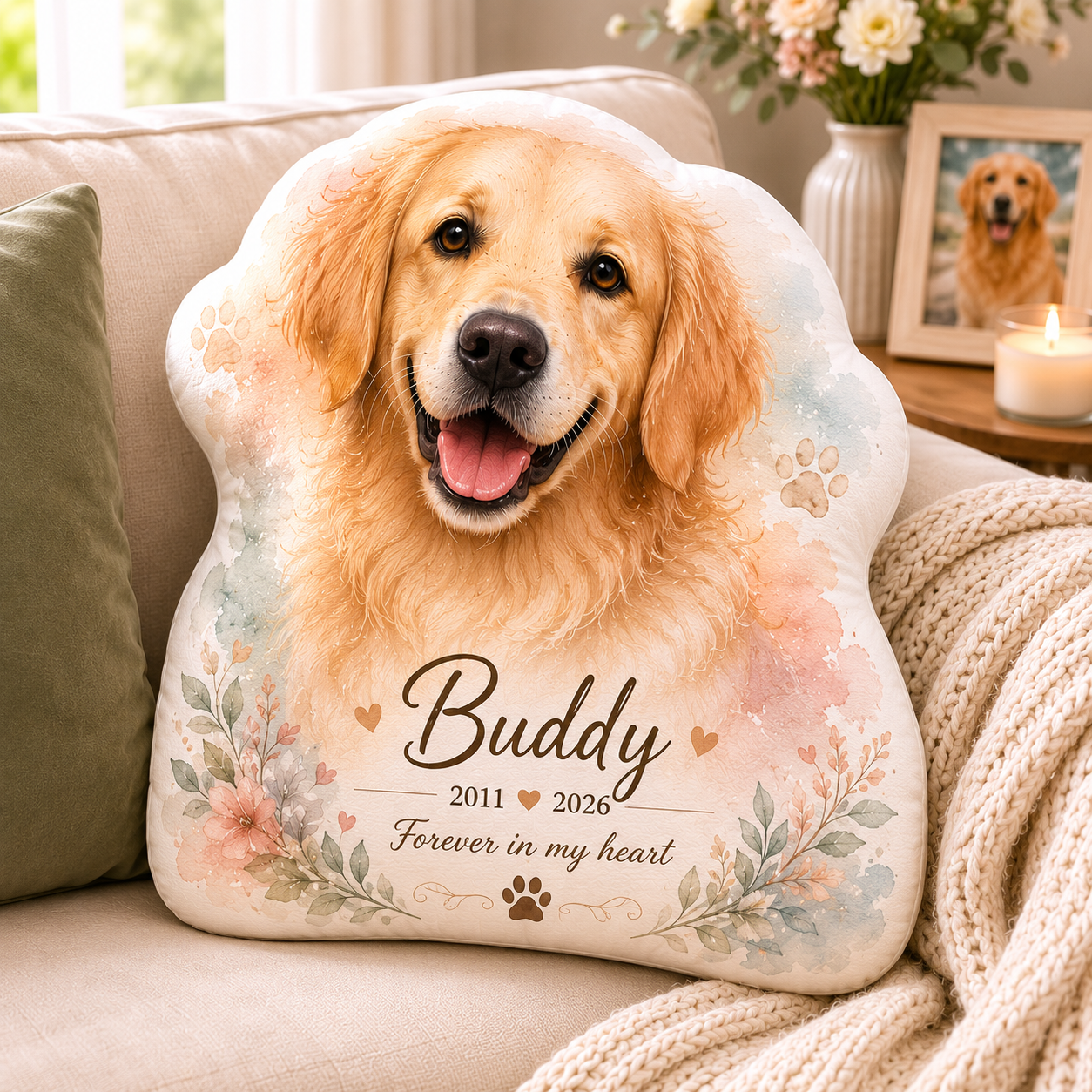A02 Soft Watercolor dog memorial shaped pillow on sofa