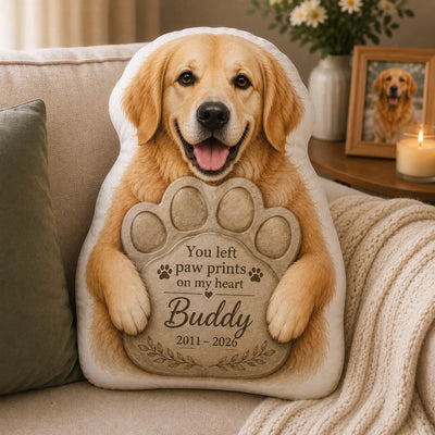 Personalized Dog Memorial Shaped Pillow - Paw Plaque Pet Loss Gift, Custom Dog Pillow