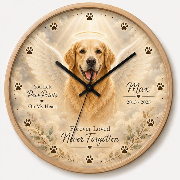Personalized Dog Memorial Wall Clock - Angel Wings Pet Loss Sympathy Gift