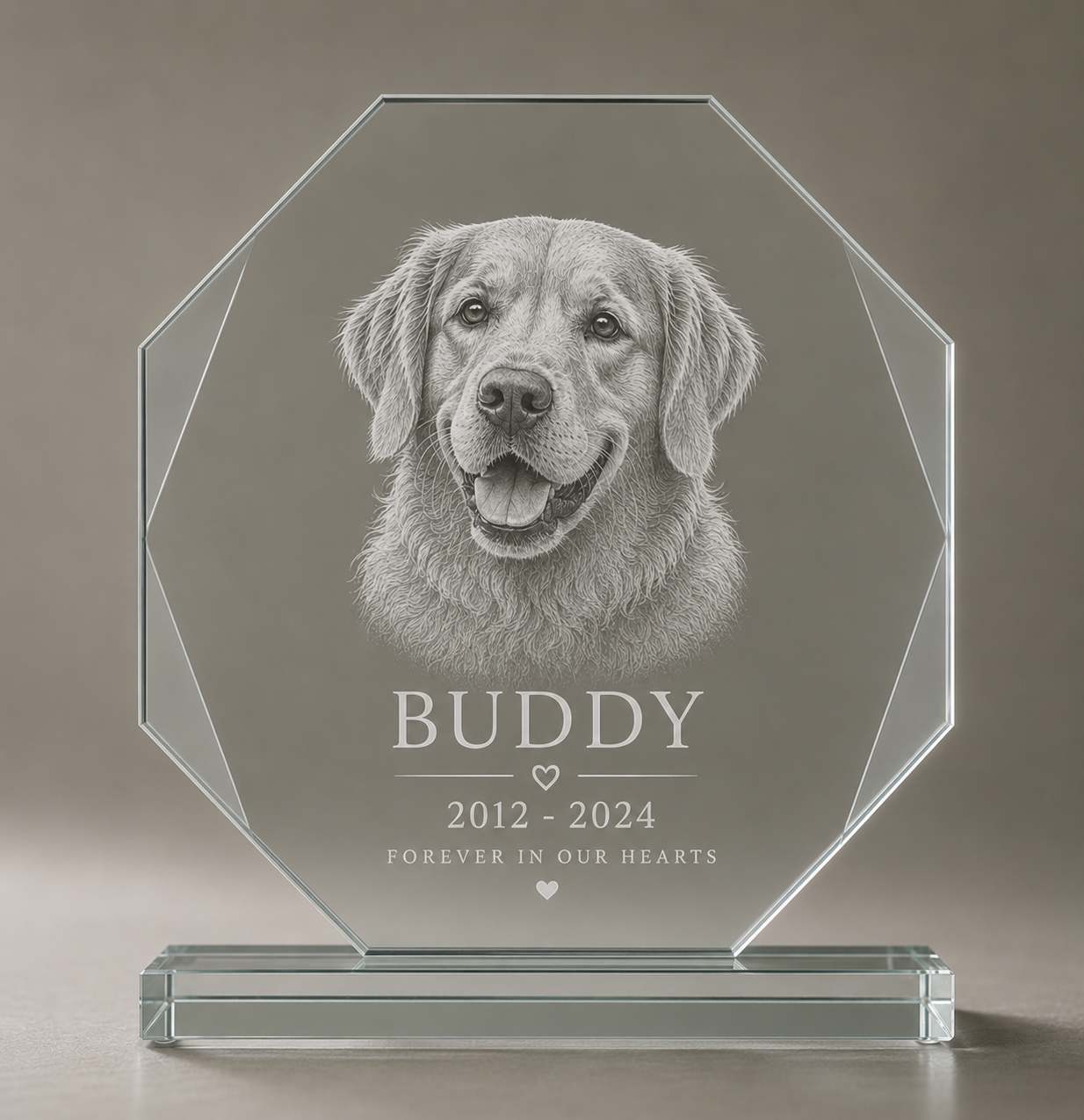 Personalized dog memorial octagon glass award engraving Minimal Luxury Portrait