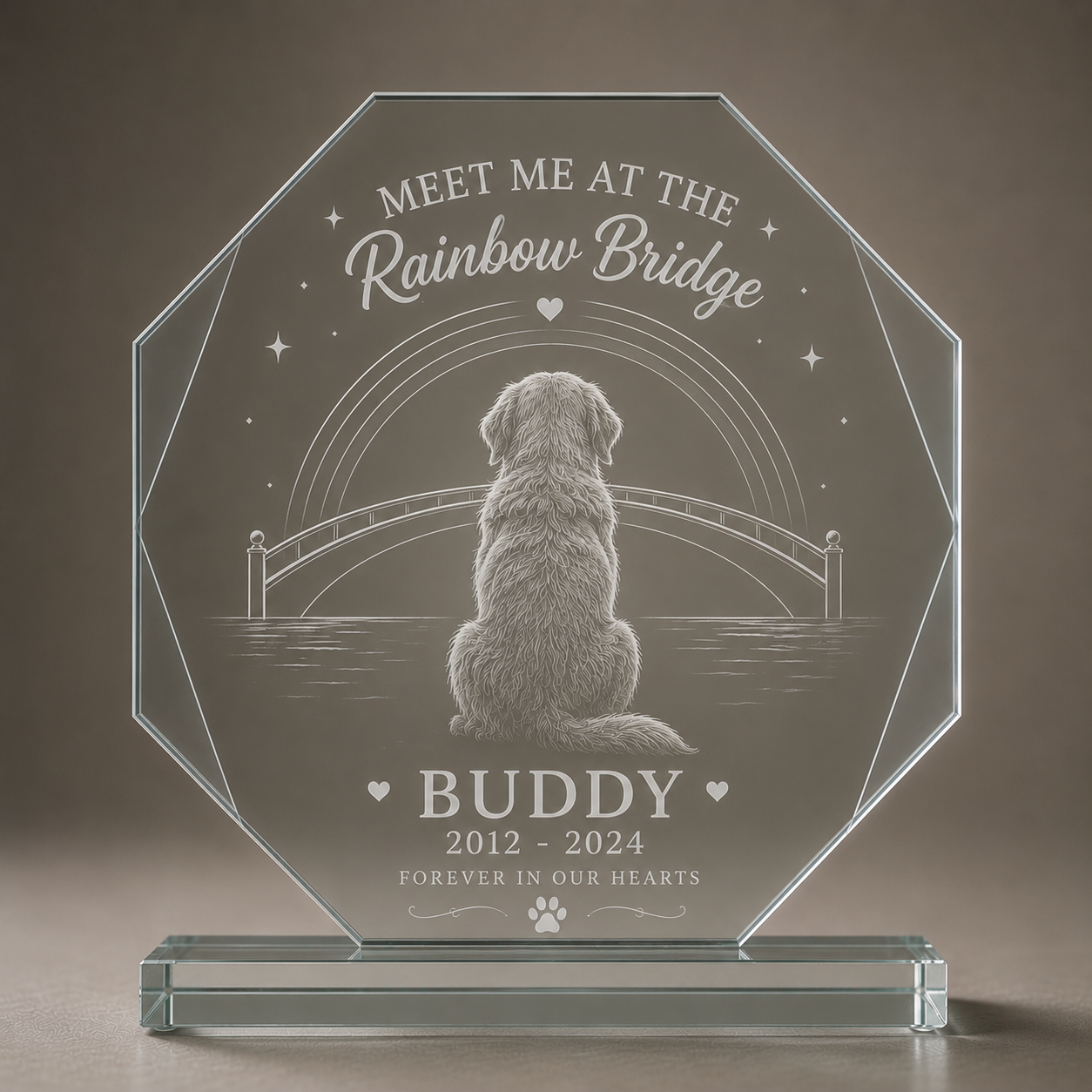 Personalized dog memorial octagon glass award engraving Rainbow Bridge Minimal