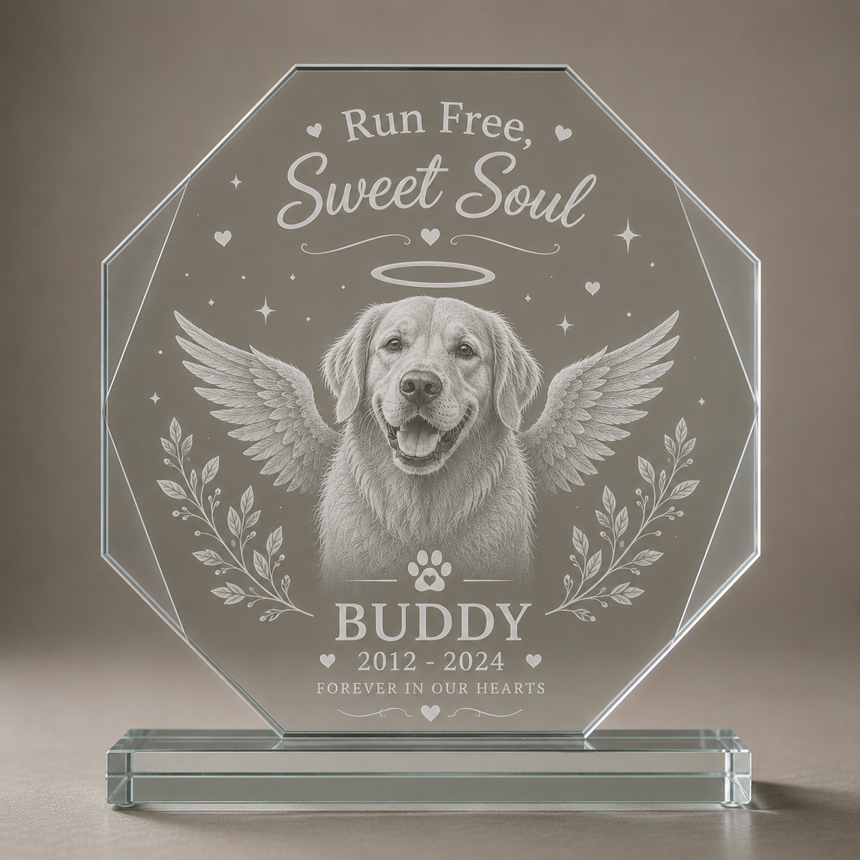 Personalized dog memorial octagon glass award engraving Run Free Sweet Soul