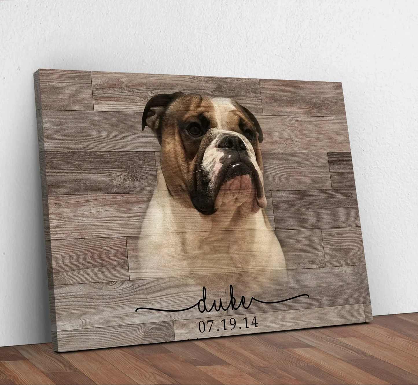 Wooden plaque with a dog's face and name 'Duke' on a wooden floor.