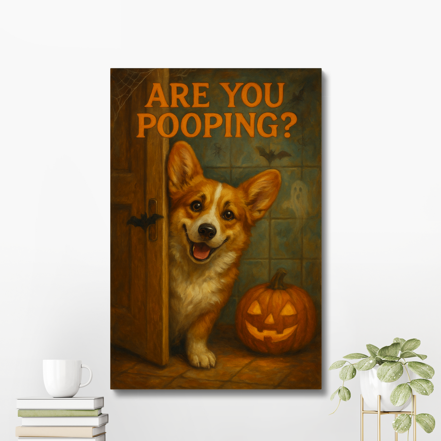 Corgi Halloween Wall Art – Are You Pooping Dog Canvas Bathroom Home Decor