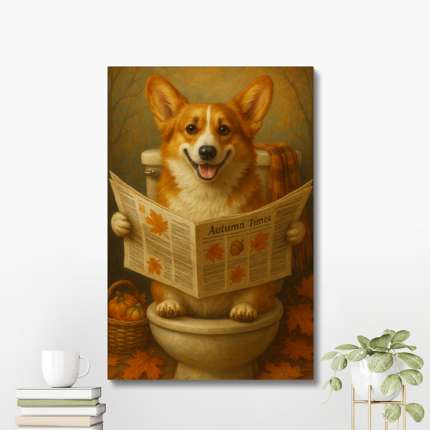 Funny Fall Corgi Canvas – Autumn Bathroom Wall Art Decor