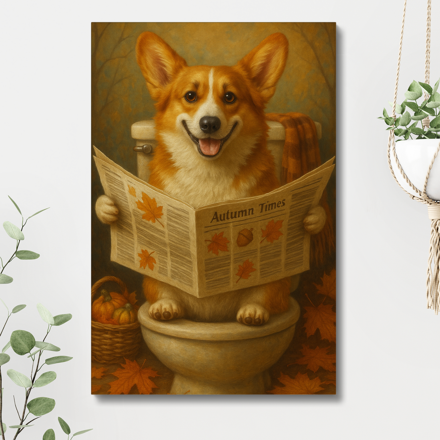 Funny Fall Corgi Canvas – Autumn Bathroom Wall Art Decor
