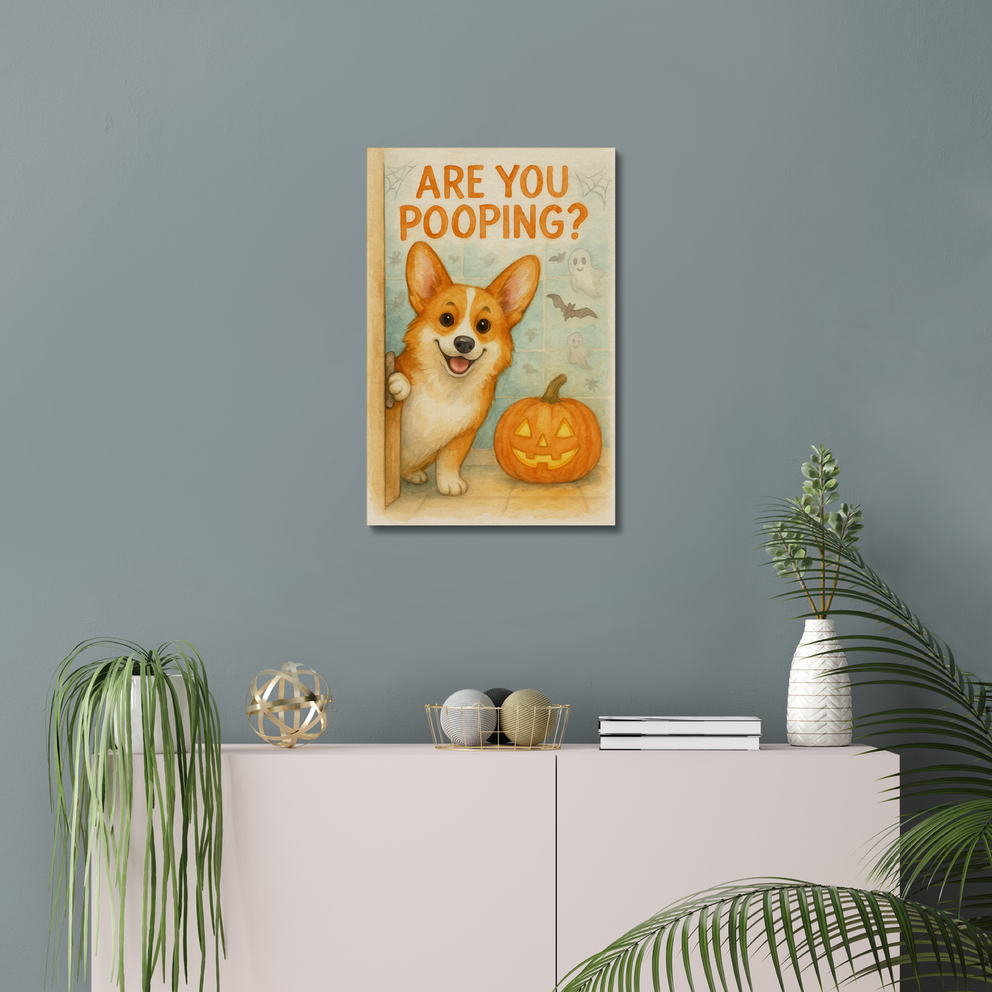 Cute Corgi Halloween Wall Art – Funny “Are You Pooping” Canvas