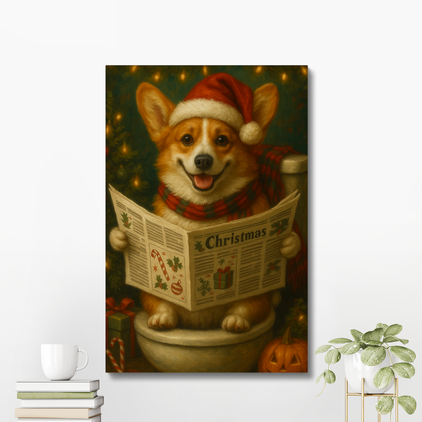 Funny Christmas Corgi Canvas – Holiday Bathroom Wall Art