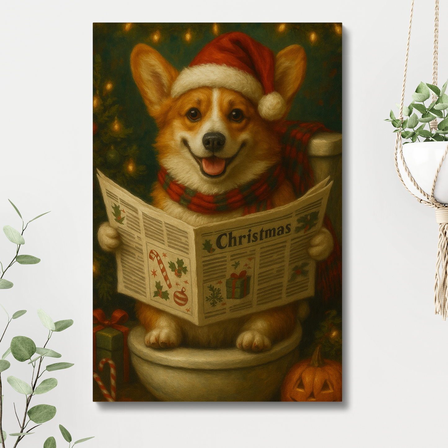 Funny Christmas Corgi Canvas – Holiday Bathroom Wall Art
