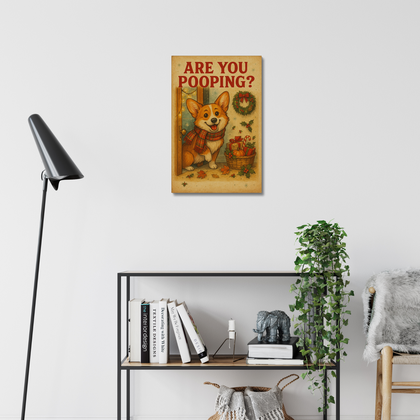 Corgi Christmas Bathroom Canvas – Funny “Are You Pooping?” Wall Art